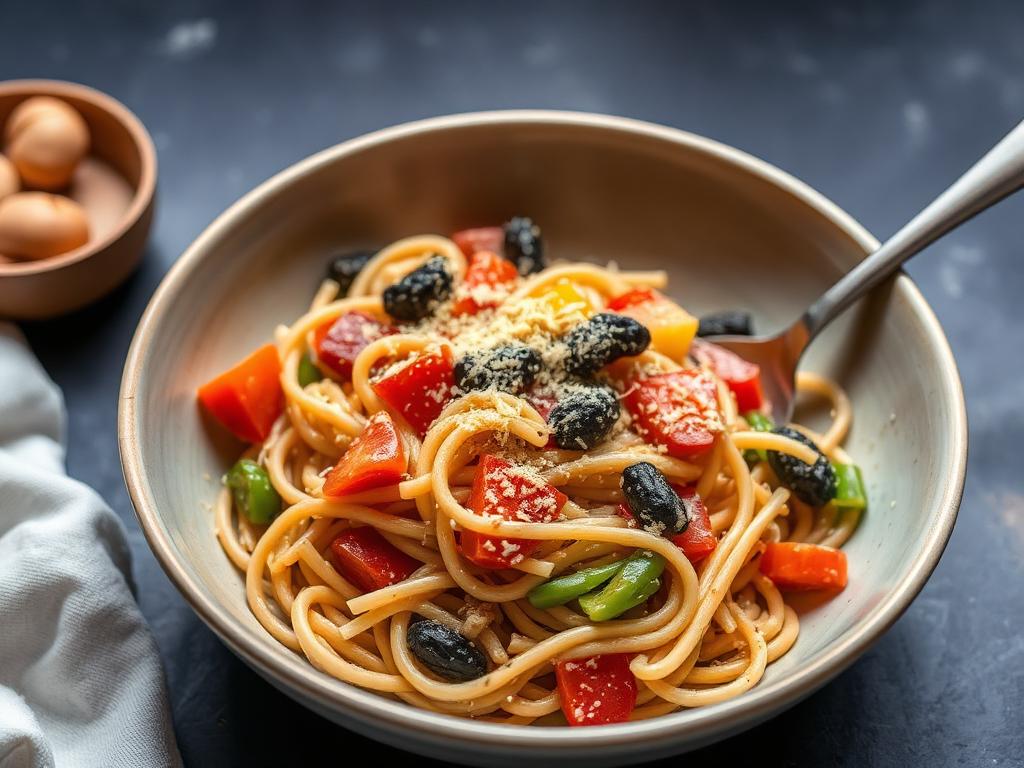 Whole-wheat pasta with veg & nutritional yeast